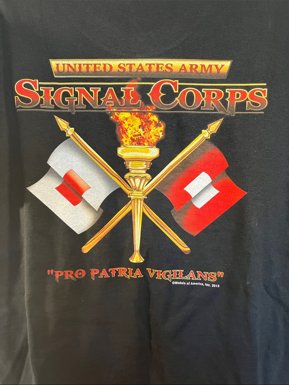 Gildan Black T-Shirt with Red, Gold and White Signal Corps Emblem